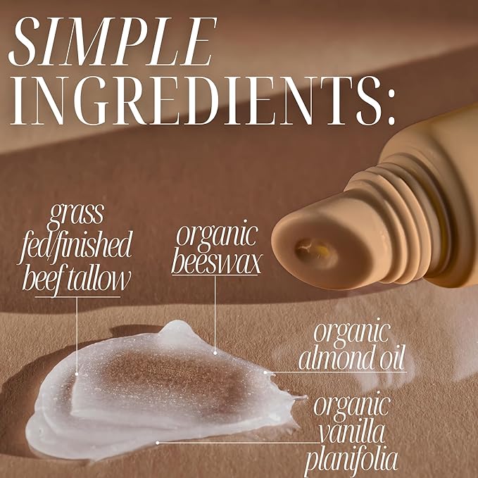 Amallow All Natural Tallow Lip Balm Squeezable Tube - Grass Fed/Finished Beef Tallow + Organic Beeswax & Vanilla Essential Oil .5 OZ (Vanilla Dream)