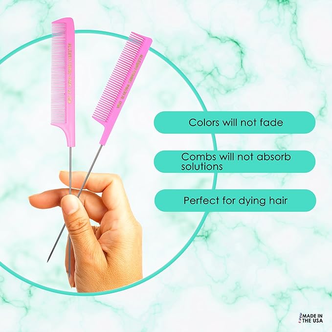 Allegro XL Pintail Rat Tail & Parting Combs - Metal Tail Foiling & Pin Combs (2 Pc., PINK)