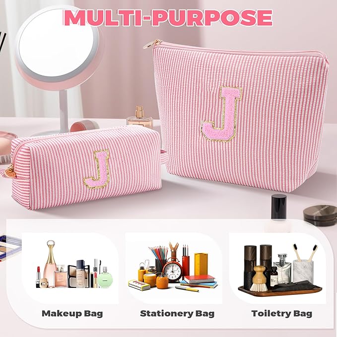 Monogrammed Gifts for Women - Cosmetic Bag for Teen,Initial Cute Makeup Bag Set for Women,Trendy Pouch for Niece Sister Friend Female Her,Birthday Gifts for Daughter - Peach,J