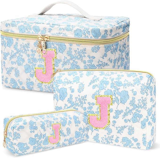 3 PCS Travel Makeup Bag Set,A-Z Initials Cotton Make up Bag Floral Quilted Cosmetic Bag for Girls and Women,Personalized Christmas Gifts,Cute Toiletry Travel Accessories Brushes Bags-J