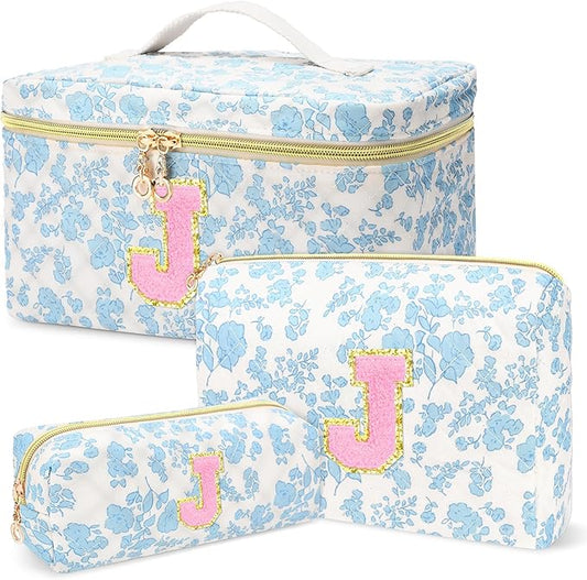 3 PCS Travel Makeup Bag Set,A-Z Initials Cotton Make up Bag Floral Quilted Cosmetic Bag for Girls and Women,Personalized Christmas Gifts,Cute Toiletry Travel Accessories Brushes Bags-J