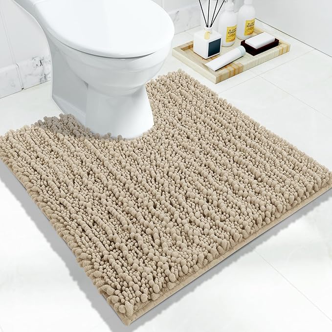 Yimobra Toilet Rug U Shaped Washable 24x20 Inch - Ultra Soft Absorbent Chenille Bath Rugs for Toilet, Quick Dry & Machine Washable, Non Slip Contour Bathroom Mat, Camel