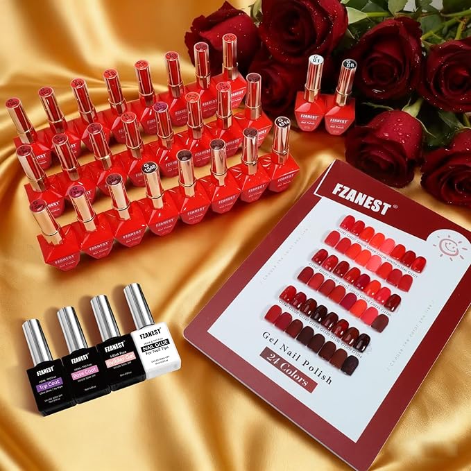 FZANEST 30pcs 12ml Red Gel Nail Polish Set TPO & Hema-free, Cherry Blood Bright Red Orange With Top Coat Base Builder Gel Nail Glue Soak Off Gel Polish Kit For Nail Salon Home Gifts for Women