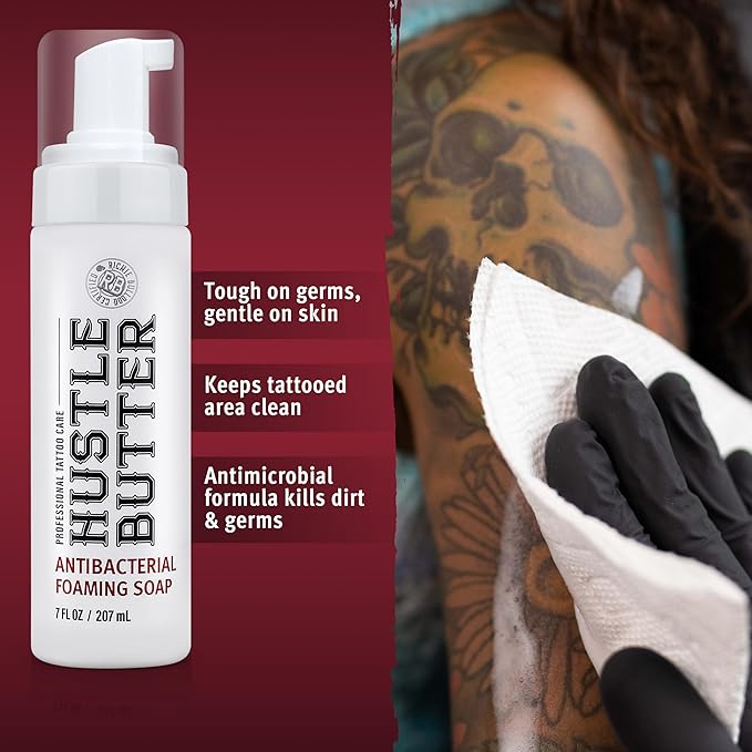 Hustle Butter Tattoo Soap & Aftercare Balm - Antibacterial Soap, Safe To Use While Healing, Vegan, No Petroleum - 5 Ounce Balm & 7 Ounce Tattoo Wash Kit