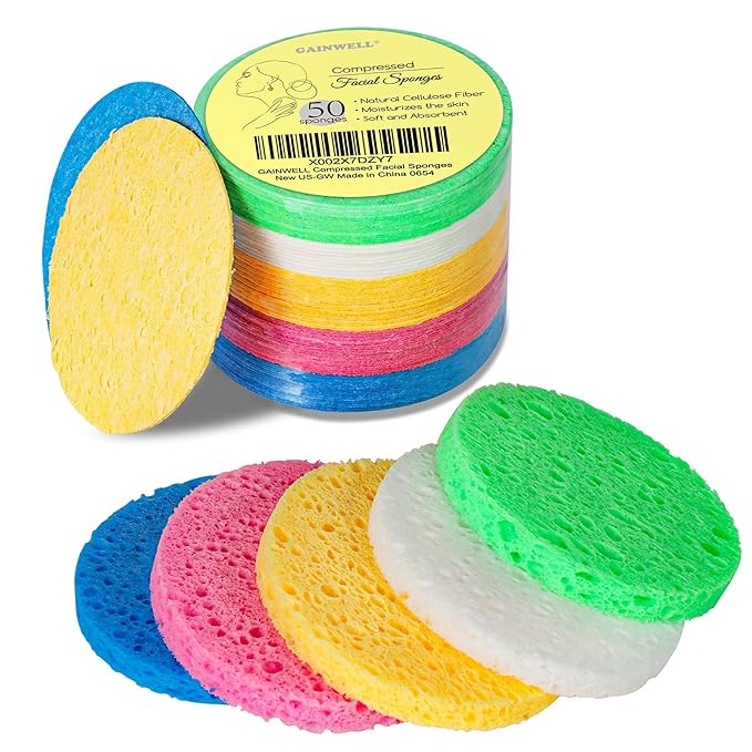 GAINWELL 50-Colored Natural Compressed Facial Sponges, for Facial Cleansing, Reusable & Eco-Friendly, 50 PCS