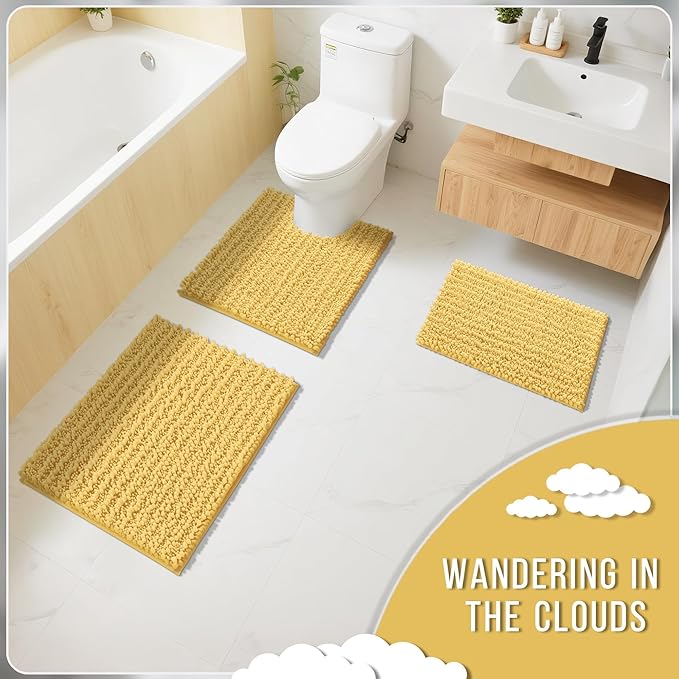 Yimobra Bathroom Rugs Non Slip Washable - Ultra Soft Absorbent Chenille Bath Mat, Quick Dry Shaggy Floor Carpet for Tub Shower, Yellow Home Decor Accessories, 24x17 Inch