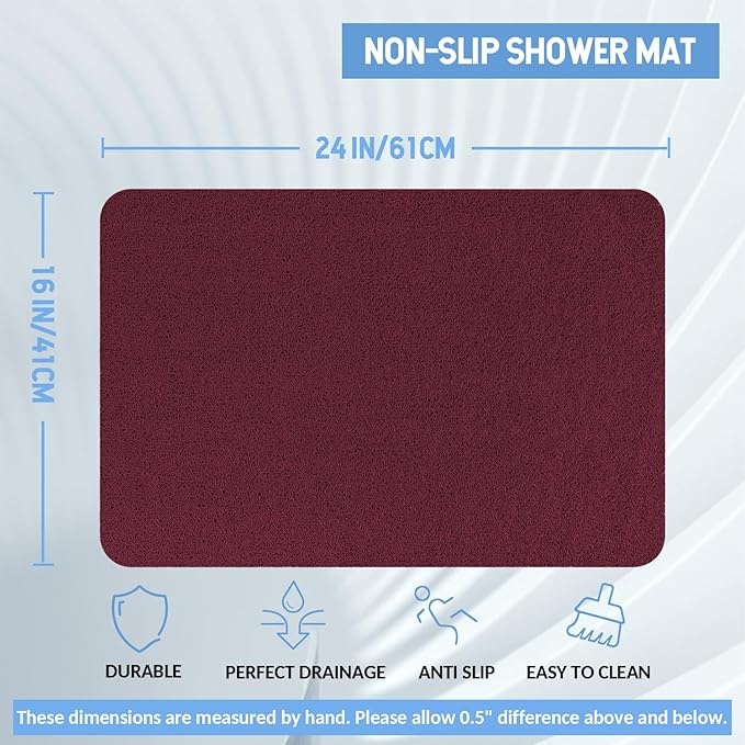 Non-Slip Bathtub Mat, 2 Pack Anti Slip Shower Mat, Fast Drying Bathtub Mats, Foot Scrubber Mat, Anti Slip Mat for Tub, Floor, Bathroom, Kitchen, Home, Hotel (Wine Red 24"×16"+24"×16")