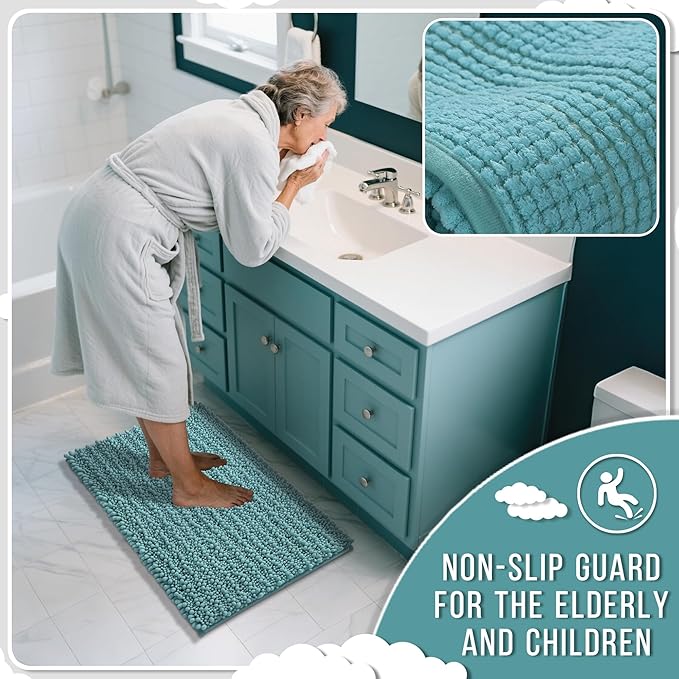 Yimobra Bathroom Runner Rug 70x24 Inch - Extra Long Non Slip Chenille Bath Mat, Soft & Absorbent, Machine Washable Shaggy Hallway Carpet for Vanity Tub Shower, Teal Blue Home Decor Accessories