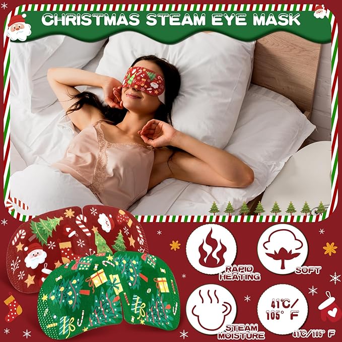 Bonuci 90 Pcs Christmas Steam Eye Masks Bulk for Dry Eyes Disposable Heating Eye Mask for Spa Sleep Warm Compress Stress Dark Circle Relief Puffiness and Relaxation Gifts Christmas Stocking Stuffer