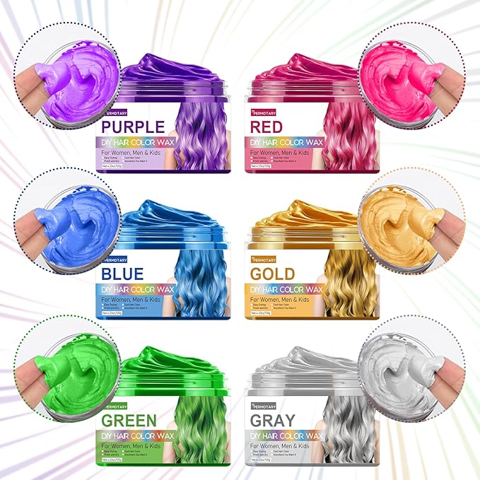 Permotary 6 Colors Temporary Hair Color Wax Styling Cream Mud, Temporary Hair Dye Wax Great for Party, Cosplay, Halloween,Fancy Dress, In Total Capcity 25.38 OZ (6 Colors)