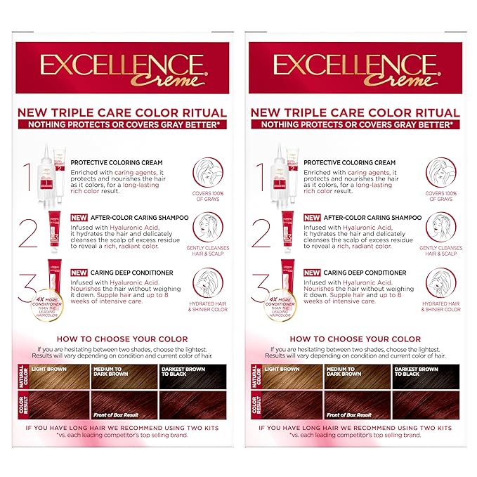 L'Oreal Paris Excellence Crème Permanent Hair Dye, Triple Care Hair Color with Pro-Keratine Complex for 100% Gray Hair Coverage, 4RM Dark Mahogany Red, 1 Kit (Pack of 2)