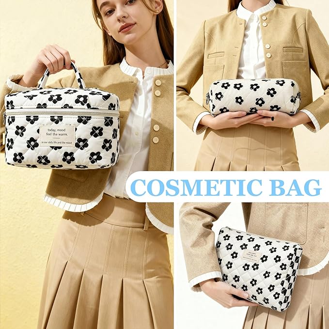 3pc Makeup Bag Set, Quilted Makeup Bag Set, Large Floral Cosmetic Bag for Women, Cute Cotton Makeup Bags, Flower Travel Toiletry Organizer Bag (Black Flowers)