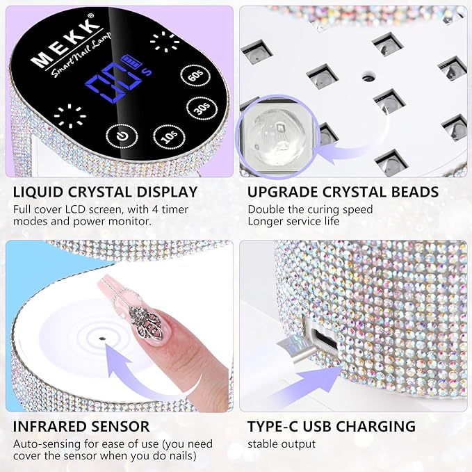 MEKK Cordless Mini UV Light for Gel Nails - 24W Rechargeable Mini UV LED Nail Lamp with Touch Control & Auto Sensor,Diamond Flash Cure Lamp,4 Timers,Portable Nail Light for Salon & Home-Diamond White
