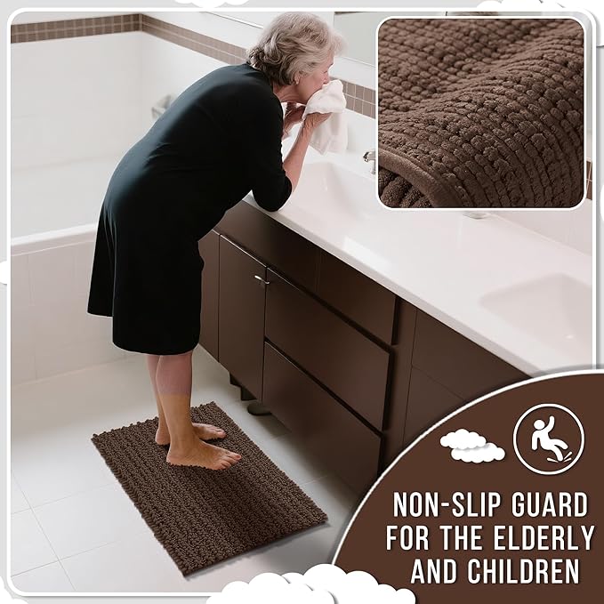 Yimobra Bathroom Rugs Non Slip Washable - Ultra Soft Absorbent Chenille Bath Mat, Quick Dry Shaggy Floor Carpet for Tub Shower, Brown Home Decor Accessories, 24x17 Inch