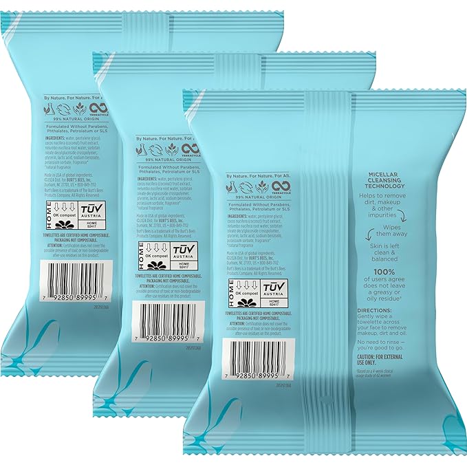 Burt's Bees Stocking Stuffers, Coconut & Lotus Face Wipes, for All Skin Types, Micellar Makeup Remover & Facial Cleansing Towelettes, Skin Care Christmas Gifts, 30 Ct. (3-Pack)