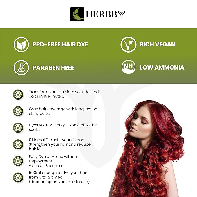 HERBBY Hair Color Shampoo for Gray Hair Coverage&Color Transform with 9 Herbal Extracts –Long Lasting(6-8 Weeks),Shiny,Evenly Colored,Instant Hair Dye Shampoo&Conditioner, 500 Ml (WINE RED COLOR)