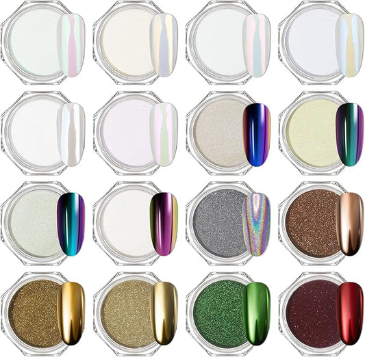 Artdone 16 Colors 0.5gram Chrome Nail Powder, Iridescent Aurora Chameleon Powder Metallic Mirror Effect Pigment Pearlescent Mermaid Pearl Glitter Dust Kit, Nail Art Decoration, Resin Craft