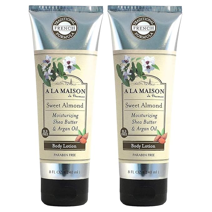 A LA MAISON Moisturizing Lotion, Sweet Almond - Uses: Hand and Body, Argan Oil, Pure Shea Butter, Essential Oils, Plant Based, Cruelty-Free, SLS and Paraben Free (8 Oz, 2 Pack)