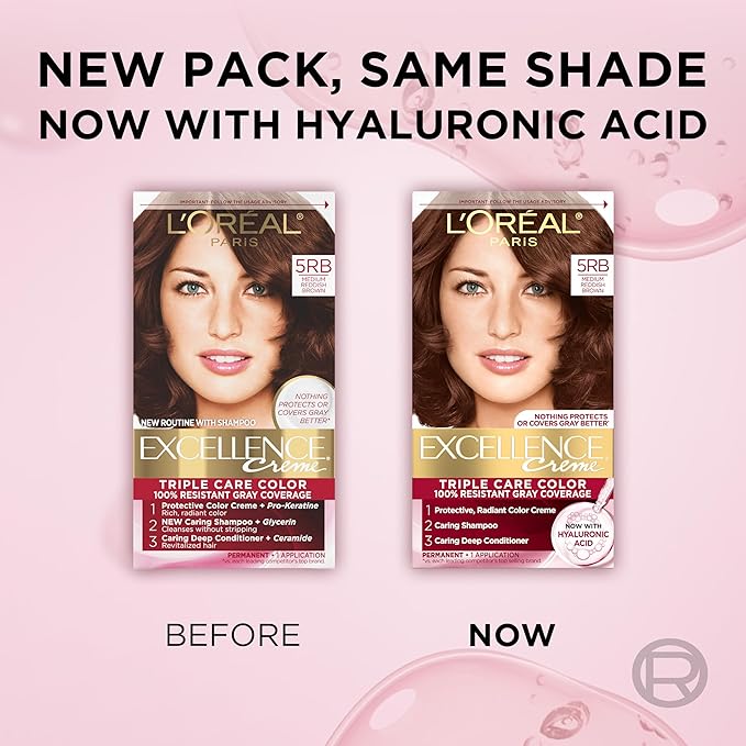 L'Oreal Paris Excellence Crème Permanent Hair Dye, Triple Care Hair Color with Pro-Keratine Complex for 100% Gray Hair Coverage, 5RB Medium Reddish Brown, 1 Kit