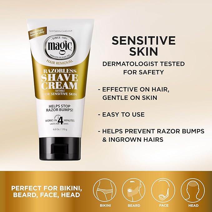 SoftSheen-Carson Magic Razorless Shaving Cream, Depilatory Hair Removal Cream, Works in 4 Minutes for Coarse, Curly Hair, 6 Oz