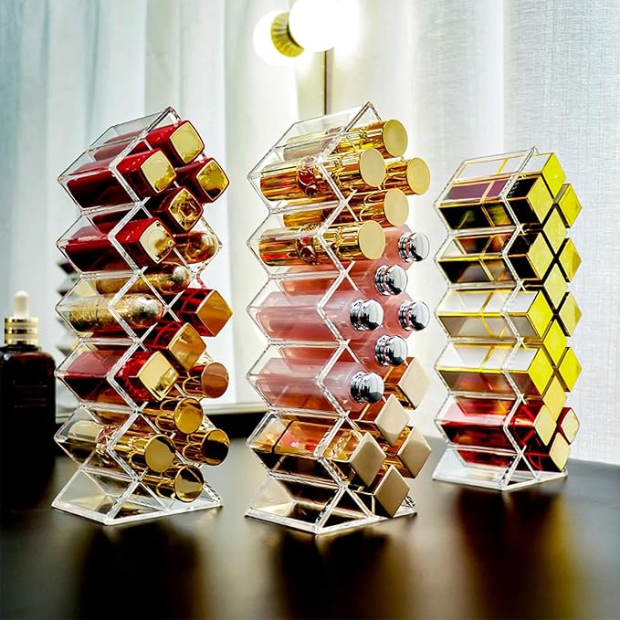 4 Pack Acrylic Lipstick Holder Organizer 64 Slots Clear Lip Gloss Holder Organizers Stackable Fish Shape Lipsticks Tower Lipstick Case Display Stand Storage Box for Makeup Cosmetic Vanity drawer