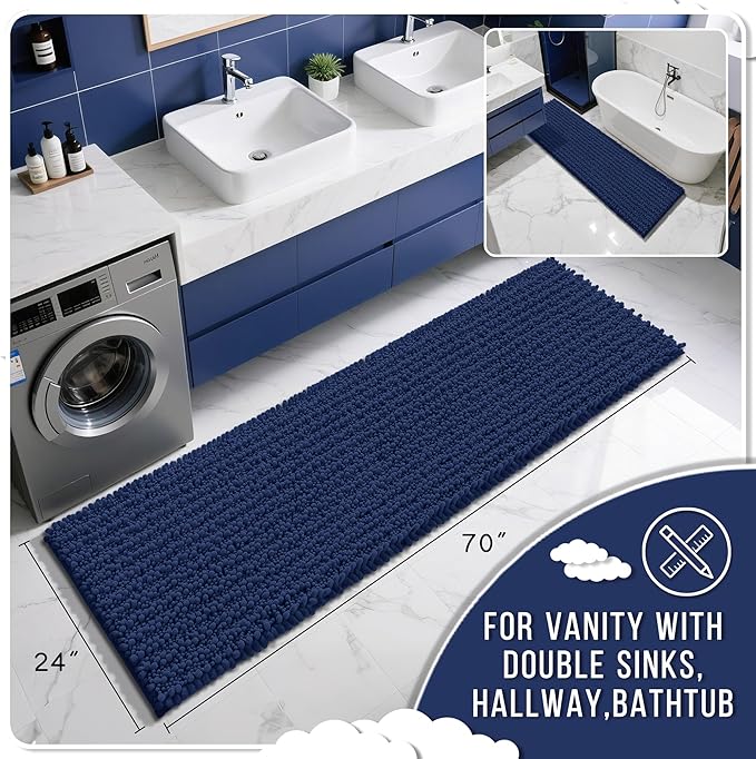 Yimobra Bathroom Runner Rug 70x24 Inch - Extra Long Non Slip Chenille Bath Mat, Soft & Absorbent, Machine Washable Shaggy Hallway Carpet for Vanity Tub Shower, Navy Blue Home Decor Accessories