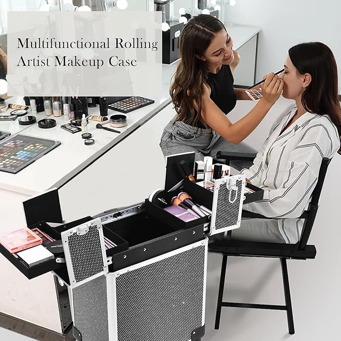 4 in 1 Rolling Makeup Train Case Professional Cosmetic Trolley Cart Travel Nail Cart Organizer with Wheels Transparent Acrylic Panel for Makeup Hair Stylists Nail Tech (Black Crystal)