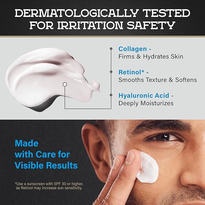 Men's Face Moisturizer Cream - Anti Aging & Wrinkle - Made in USA - Collagen, Hyaluronic Acid, Retinol, Vitamins E & A, Avocado Oil - After Shave - Age Facial Skin Care, Day & Night Moisturizing, 2 oz