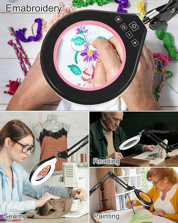 10X & 5X Magnifying Glass with Light, Ultra Long Swing Arm, 5 Colors & 10 Brightness, Real Glass Lens Large Magnifying Lamp for Craft Painting Workbench Jewelry Making Hobby Close Work (Pink)