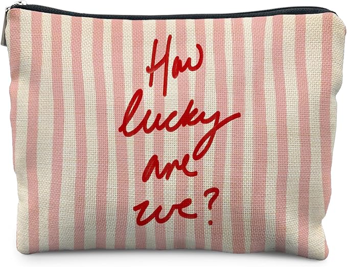 Retro Red Pink Striped Makeup Bag for Women, Positive Gifts for Women, How Lucky Are We Trendy Aesthetic Cosmetic Bag for Purse, Preppy Girly Makeup Zipper Pouch