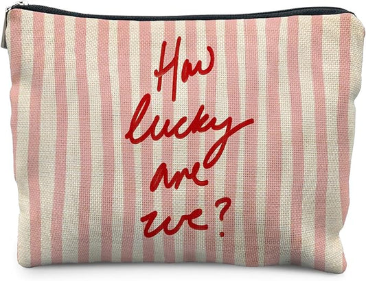 Retro Red Pink Striped Makeup Bag for Women, Positive Gifts for Women, How Lucky Are We Trendy Aesthetic Cosmetic Bag for Purse, Preppy Girly Makeup Zipper Pouch