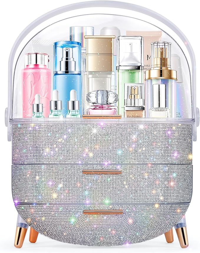 Teen Girls Gift Makeup Organizer, Skincare & Jewelry Storage, Cosmetics Display Case, Makeup Holder, Bathroom Organizer (Bling Rhinestone)