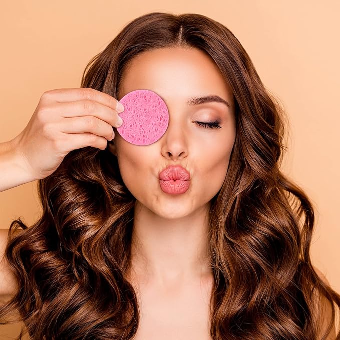 Sieral 120pcs Compressed Facial Sponges Disposable Natural Face Sponges Round Soft Pads with Container for Washing Face Cleansing Exfoliating Esthetician Makeup Removal Travel(Pink)