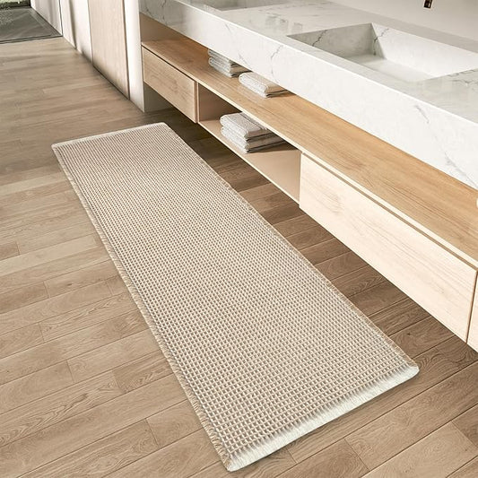AMOAMI Upgraded Waffle Runner Rug Super Absorbent Non Slip Bath Mats for Bathroom Machine Washable Bathroom Runner Rug with Tassels, Ideal for Hallway Bedroom Laundry Room, 2' x 5', Brown & Cream