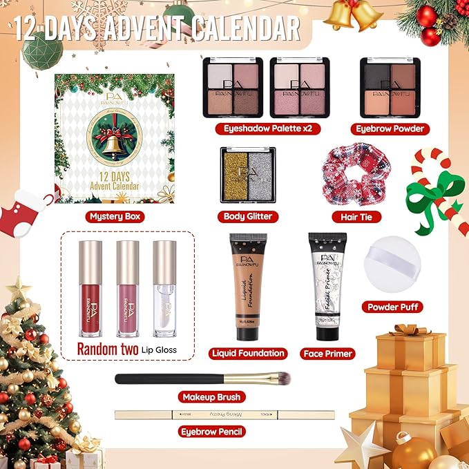 Makeup Advent Calendar 2025 for Women Teens Girl, Surprise 12 Days Christmas Countdown Boxes, 2025 Xmas Countdown Calendar Cosmetic Thanksgiving Holiday Starter Makeup Set with Eyeliner Lip oil