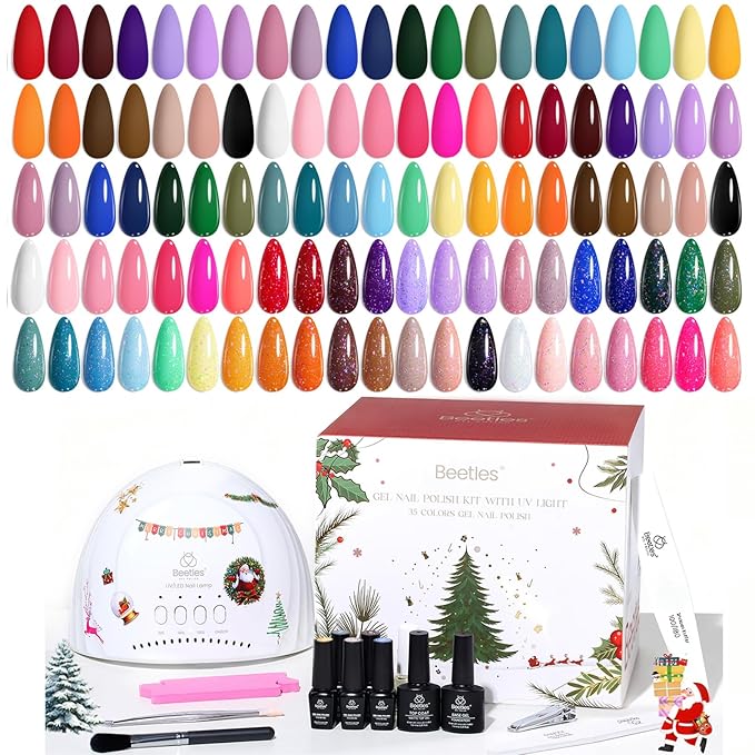 Beetles Christmas Gel Nail Polish Kit 68 Pcs with U V Light - 35 Color Gel Nail Kit Gifts for Teens Girls Women Soak Off Emotional Spectrum Red Winter Manicure Nails Decoration Tool Home DIY Set