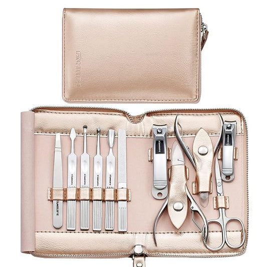 FAMILIFE Gifts for Women, Manicure Set Professional Manicure Kit 11 in 1 Nail Kit Nail Clippers Tools Stainless Steel with Rose Gold Leather Case Travel Sets