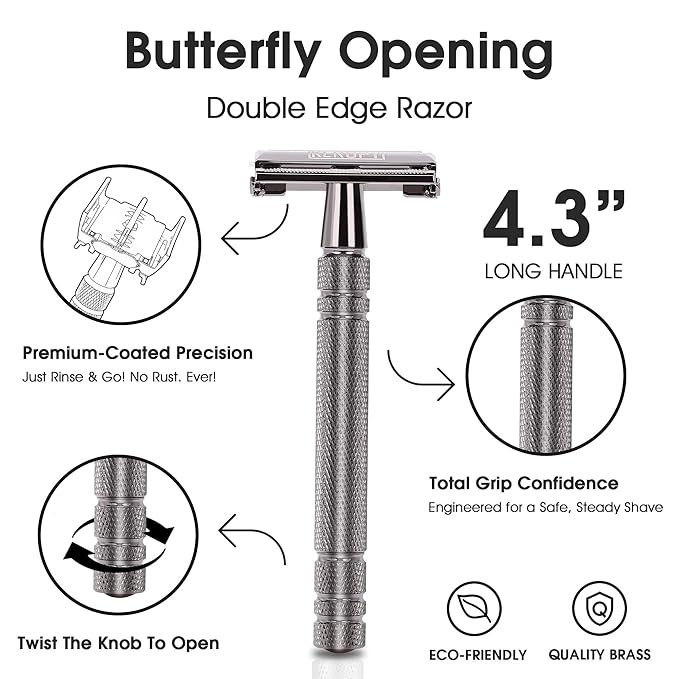 Double Edge Safety Razor for Men with 10 Blades - Christmas Stocking Stuffers for Men, Dad, Husband - Unique Holiday Gifts, Eco-Friendly Butterfly Open Razor for a Close Shave - Gloss Black