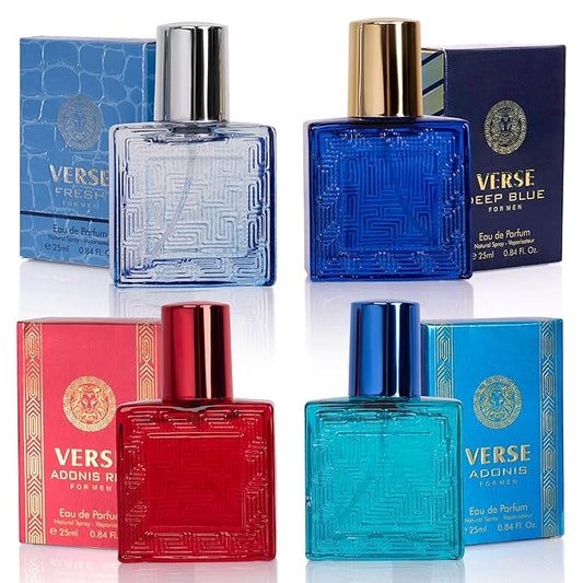 NovoGlow Verse Mini 4-Piece Fragrance Gift Set for Men - Aromatic, Floral, Oriental & Woody Notes - Individually Boxed - Travel Size - 25ml Eau De Parfum