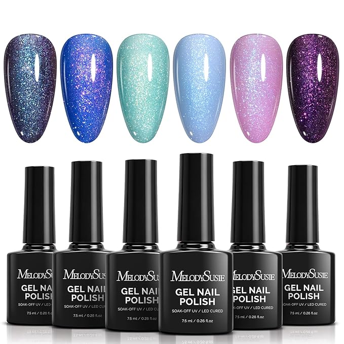 MelodySusie 7.5ML Glitter Gel Nail Polish Set, 6 Colors Chameleon Sparkle Gel Polish Kit Aurora Blue Purple Green Shimmer Gel Polish Gifts for Women Nail Art Manicure Salon DIY Nail Design at Home
