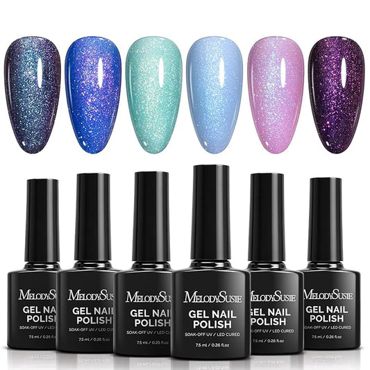 MelodySusie 7.5ML Glitter Gel Nail Polish Set, 6 Colors Chameleon Sparkle Gel Polish Kit Aurora Blue Purple Green Shimmer Gel Polish Gifts for Women Nail Art Manicure Salon DIY Nail Design at Home