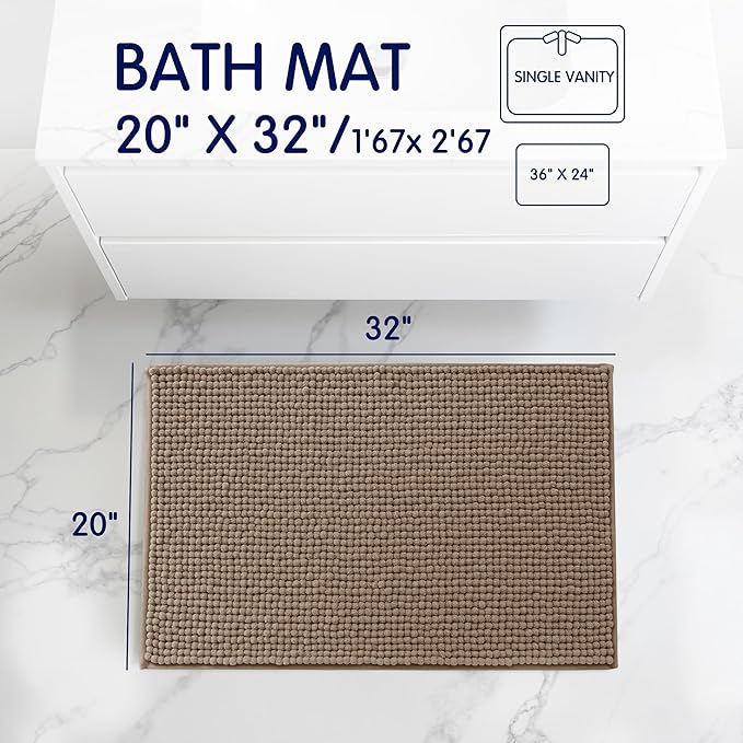 SUBRTEX Bathroom Rugs, 20" x 32" Chenille Bath Rug Soft Short Plush Bath Mat Soft Shower Mat Water Absorbent Shower Mat Quick Dry Machine Washable, Taupe Brown