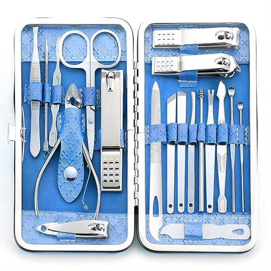 Manicure Set - 19 in 1 Professional Nail Clippers Pedicure Kit, Manicure Tool Kit, Stainless Steel Facial Grooming Set Kit, Gift Idea for Women, Men, Girls, Teens, Blue