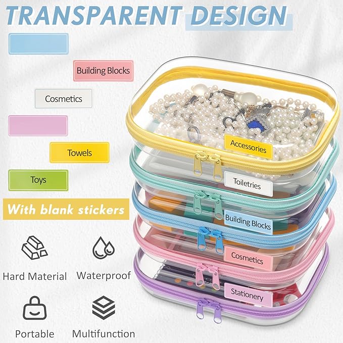 Sanwuta 10 Pcs Hard Zipper Case Clear Hard Pouches Plastic Zipper Pencil Box Toy Storage Bins Portable Plastic Container for Travel Toiletry Office Cosmetic Block Puzzle Organizer(S/m,Macaron Color)