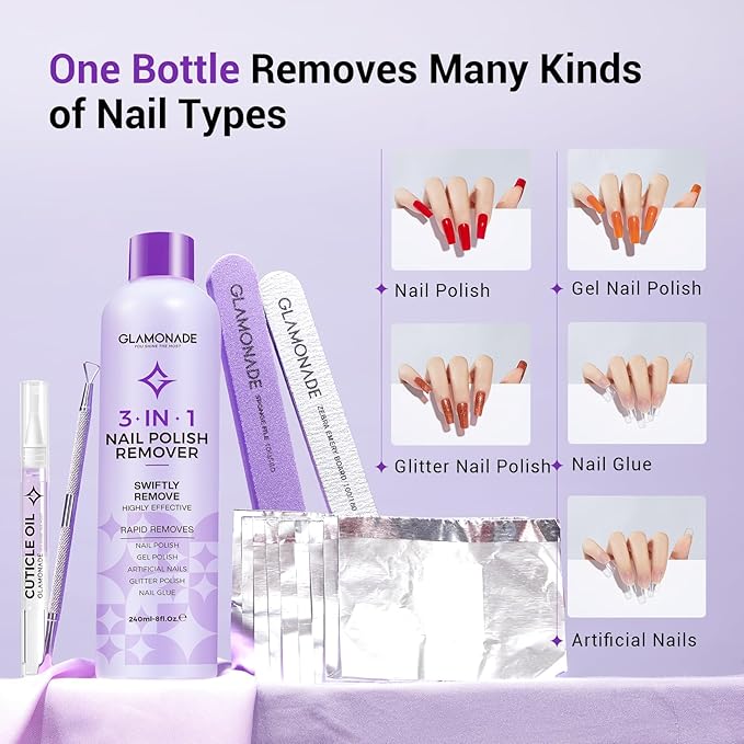 Acetone Nail Polish Remover Kit: Soak off Gel Polish Remover Includes Nail File, Nail Buffer Block, Cuticle Peeler, 100 PCS Foil Nail Wraps and Nail Cuticle Oil(8 Fl.Oz.)