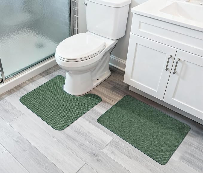 Bathroom Rugs Set 2 Pieces,Thin Bathroom Mats,Toilet Rugs,Quick Dry,Non-Slip,Machine Washable,Low Pile,Absorbent Bath Mats,Shower,Sink,Home Decor Accessories.Green,1'5"x2'3"+1'8"x2" U Shape