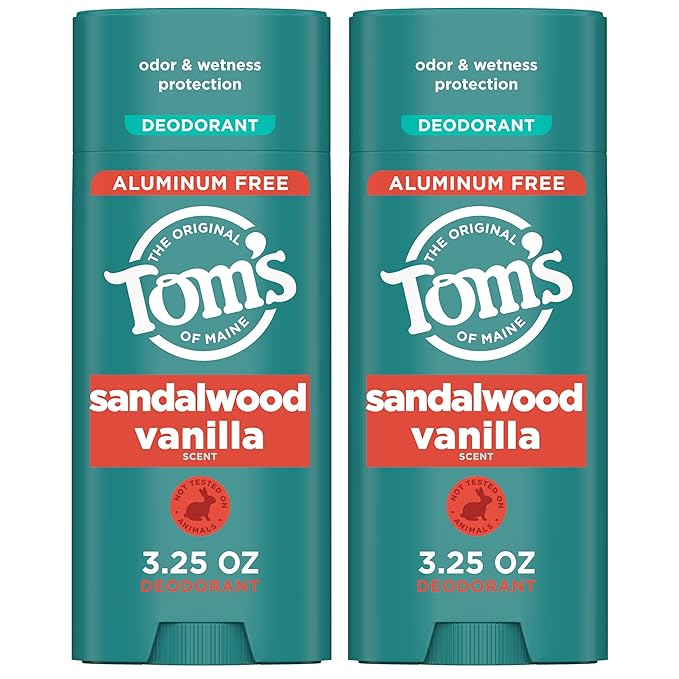 Tom’s of Maine Sandalwood Vanilla Aluminum Free Natural Deodorant For Women & Men | Goes on Clear | Odor & Wetness Protection | Naturally Derived and Moisture-Locking Ingredients | 3.25 oz (2 Pack)