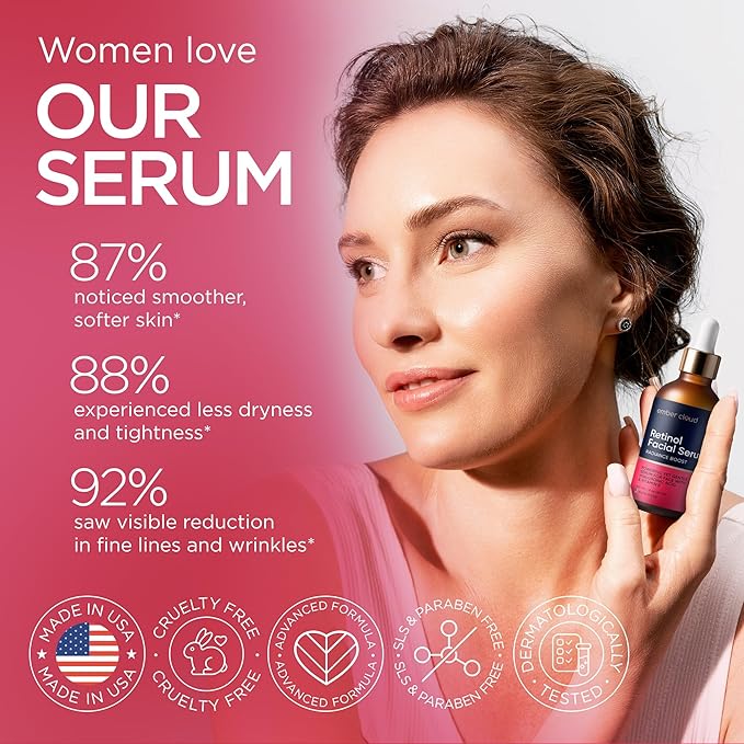 Retinol Serum for Face with Hyaluronic Acid, Vitamin E & Aloe Vera Anti-Aging Serum - All Skin Types - Supports Even Tone - Day and Night - Made in USA - 1 Oz