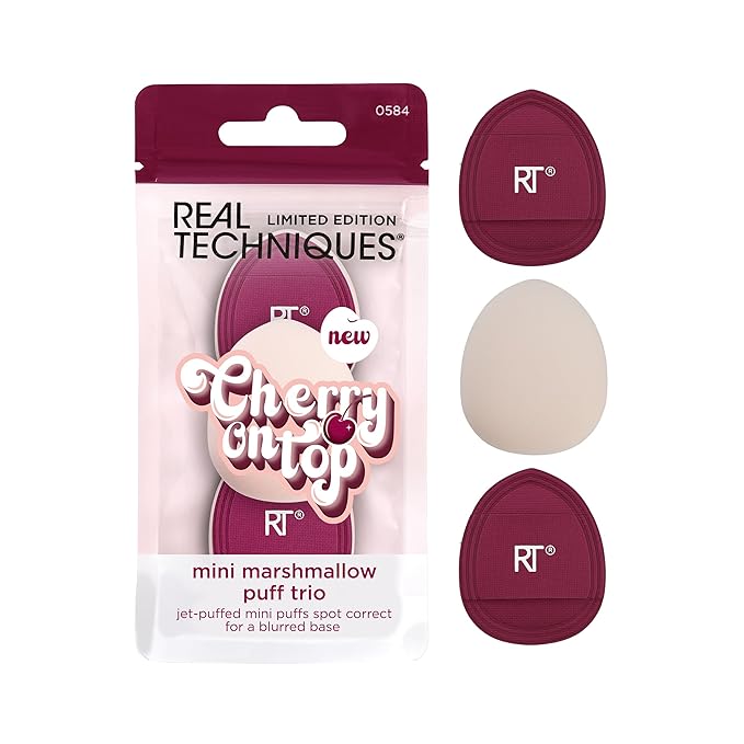 Real Techniques Cherry On Top Mini Marshmallow Puff Trio, Mini Makeup Puffs For Concealer & Foundation, Spot Correcting & Blending, Dry Use Beauty Sponge, Travel Size, Vegan & Cruelty-Free, 3 Count