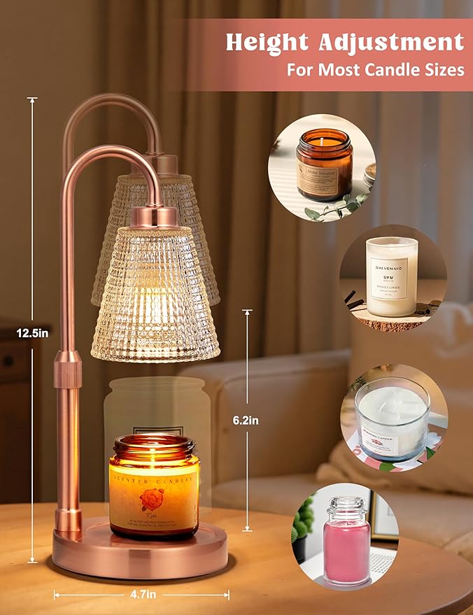 Innqoo Copper Candle Warmer Lamp with Timer, Dimmable Candle Warmer for Jar Candles, Height Adjustable Wax Melts Warmer, Birthday Gifts for Women Mom, House Warming Gifts New Home Decor